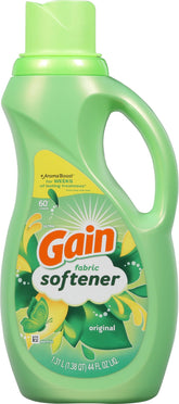 Gain Liquid Fabric Softener Original Scent bottle promotes lasting softness and AromaBoost freshness.