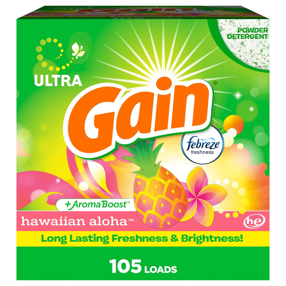 Gain Hawaiian Aloha powder detergent bottle shows long lasting freshness for everyday laundry