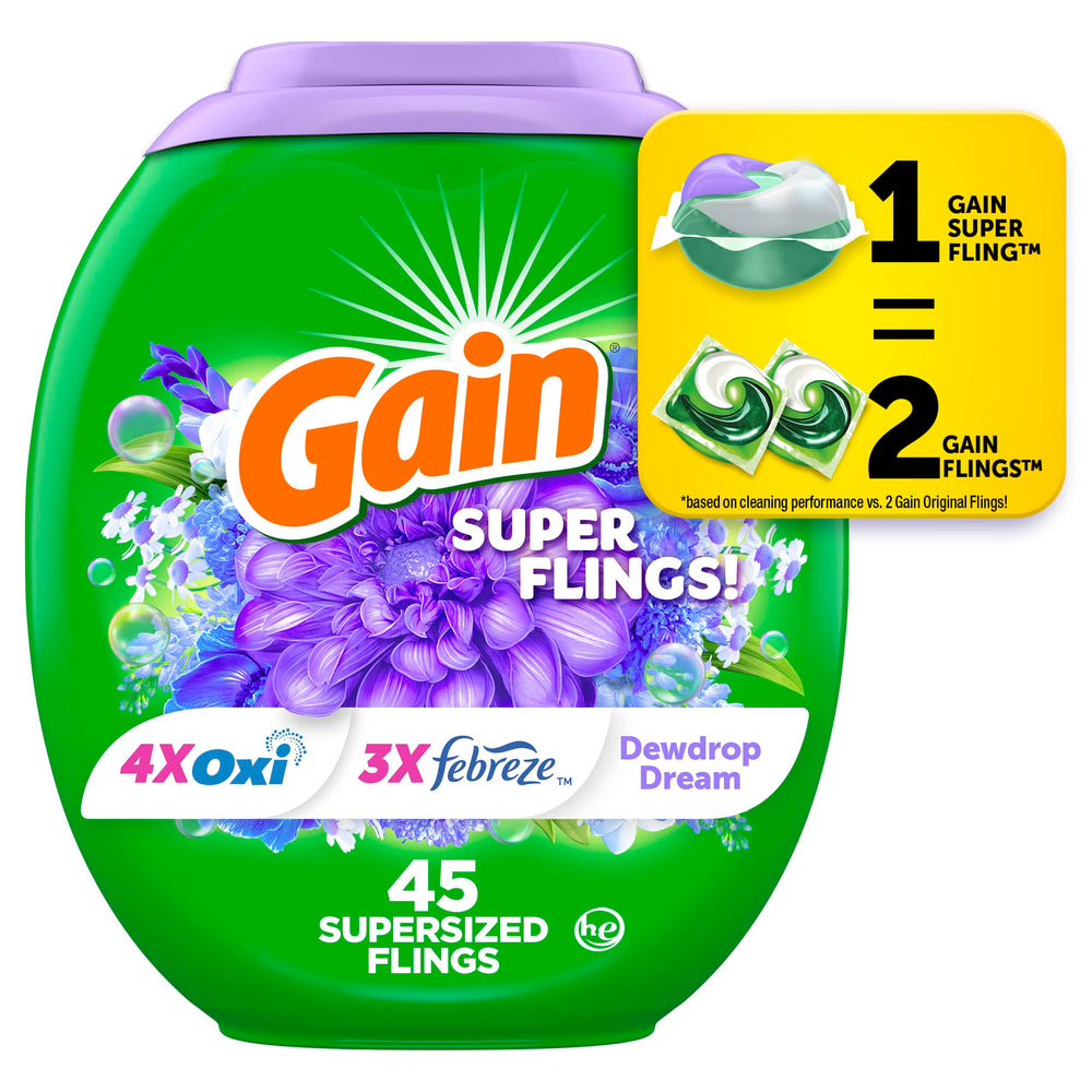 Gain Super Flings Dewdrop Dream pack front for easy loading and fresh laundry.
