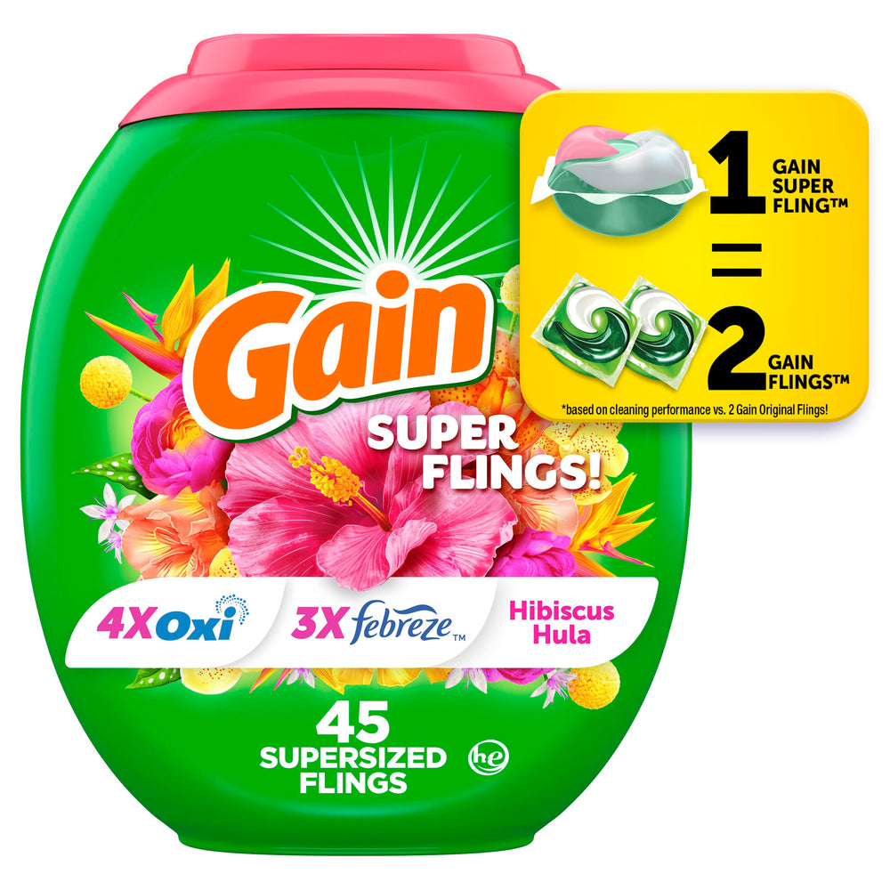 Gain Super Flings Hibiscus Hula pod in the washing drum with powerful cleaning