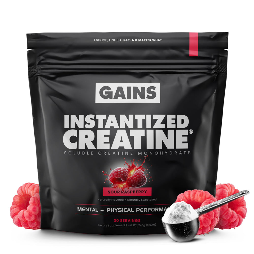 GAINS IN BULK instantized creatine monohydrate bottle, premium supplement for strength and endurance.