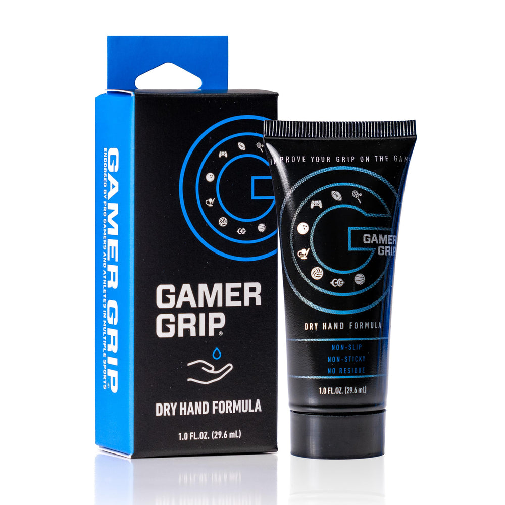 Gamer Grip gaming cream bottle shows chalk-free, quick-drying relief.
