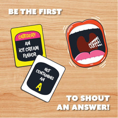 Gamewright Splurt: shuffle-and-flip reveals black-side cards for energized group rounds.