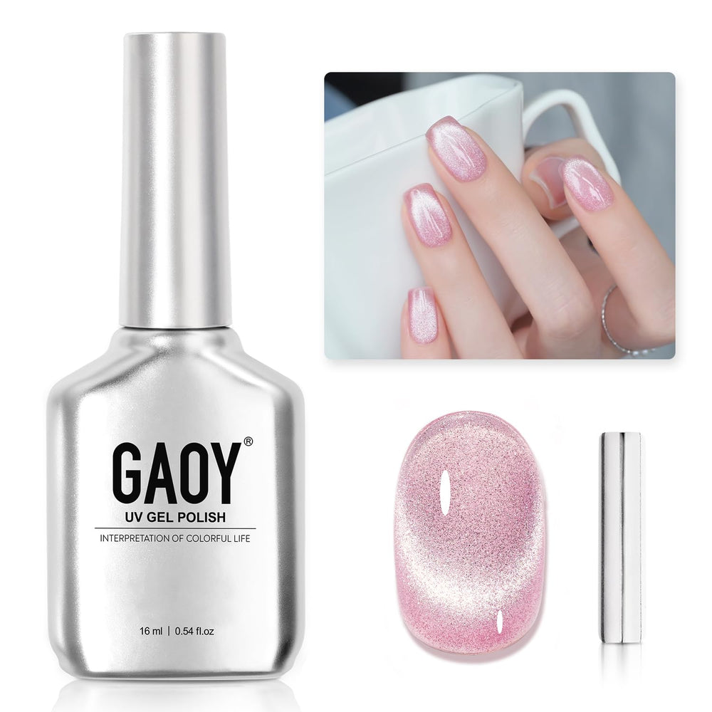 GAOY Cat Eye Gel Polish in pink glitter magnet creates bold home-ready shimmer.
