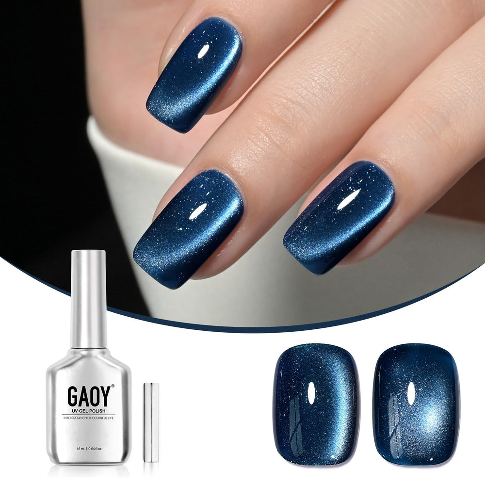 GAOY Deep Blue Cat Eye Gel bottle shows glittery shimmer for a bold manicure.