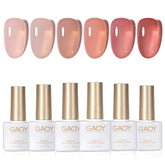 GAOY Jelly Nude gel polish palette shows six buildable nude hues for versatile nail looks.