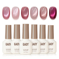 GAOY Pink Cat Eye gel nail polish set with six colors for a chic Valentine's look