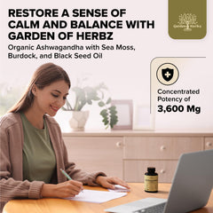 Garden of Herbz ashwa-sea-moss capsules label highlights organic blend and clean formulation.