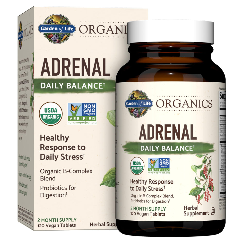 Garden of Life Adrenal Daily Balance bottle front with organic adaptogens for stress support.