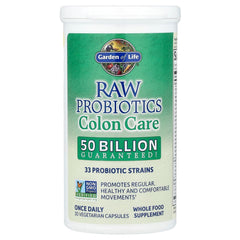 Label closeup of Garden of Life Colon Care shows non-GMO gluten-free formula.