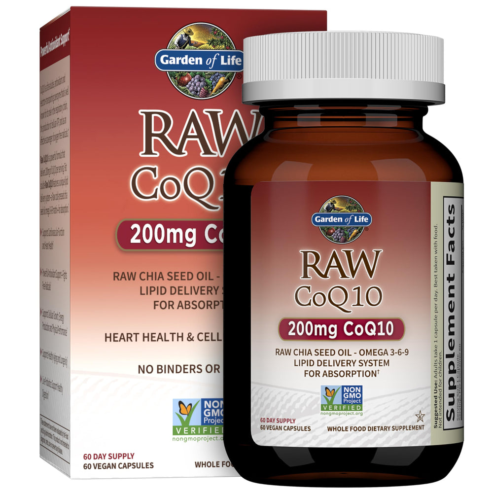 Garden of Life CoQ10 200mg bottle with softgels for heart-supportive nutrition