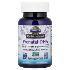 Garden of Life Prenatal DHA label highlighting DHA, EPA, DPA and vitamin D3.