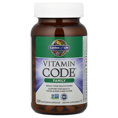 Garden of Life Vitamin Code Family Multi capsules for daily energy and immune support.