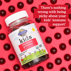 Garden of Life Kids Immune Gummies back label showing organic and Non-GMO verification.