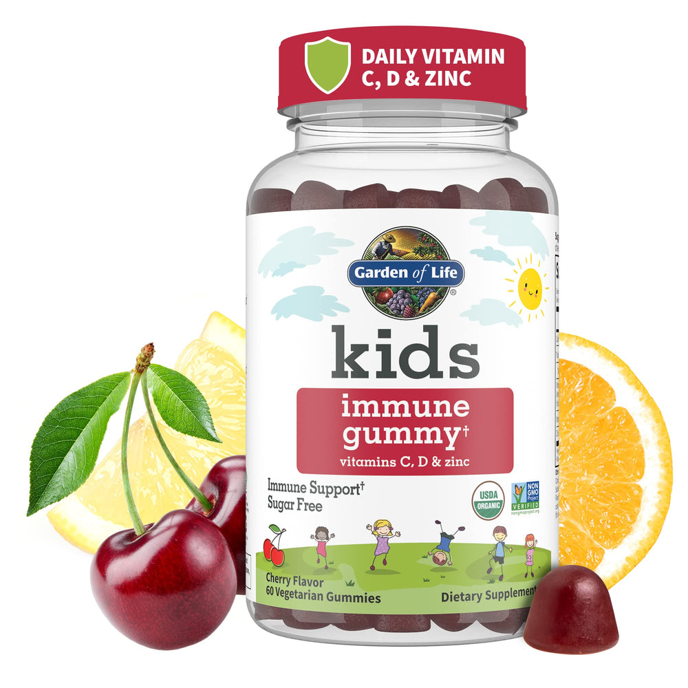 Garden of Life Kids Immune Gummies bottle front with Cherry flavor for daily use.