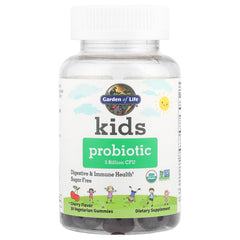 Garden of Life Kids Probiotic Cherry Gummies label highlighting organic and non-GMO ingredients