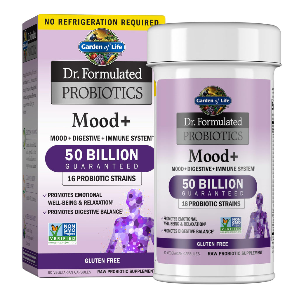 Garden of Life Mood+ bottle label highlights 50 Billion CFU for mood and digestion