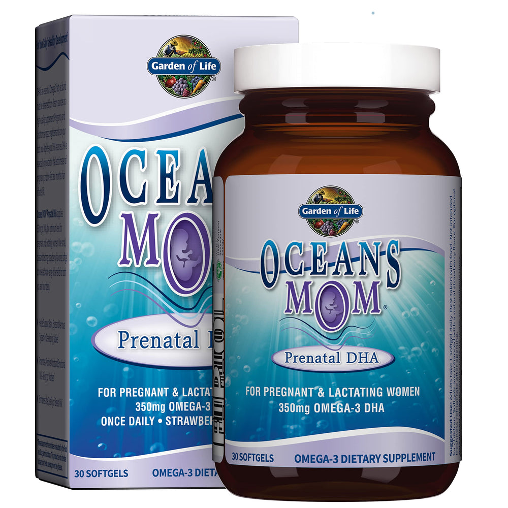 Garden of Life Oceans Mom prenatal DHA bottle-front label with strawberry flavor for easy daily intake