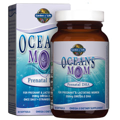Garden of Life Oceans Mom prenatal DHA bottle-front label with strawberry flavor for easy daily intake