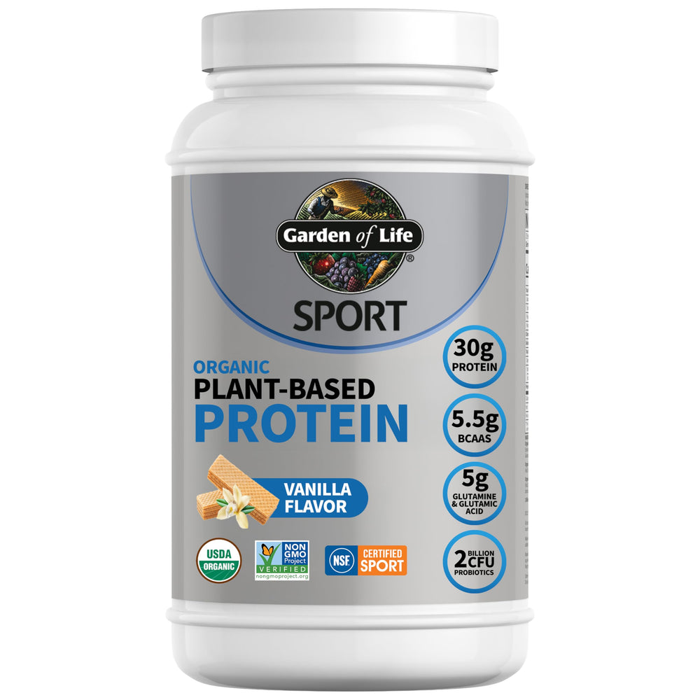 Garden of Life vanilla protein powder bottle for post-workout recovery