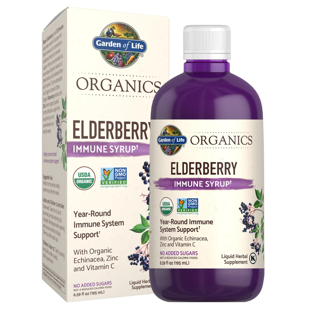 Garden of Life Organics elderberry immune syrup bottle front view highlighting family immune support