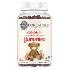 Garden of Life Organics Kids Gummies bottle front showing fruit flavor for daily support.