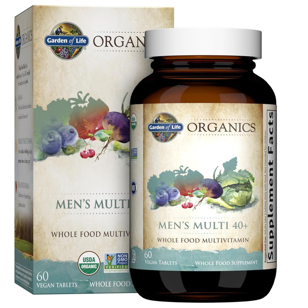 Garden of Life Organics Men's 40+ Multivitamin bottle for daily vegan wellness.