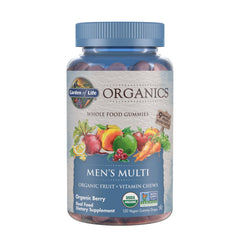 Garden of Life Organics Men's Gummy Vitamins bottle shows berry flavor for daily wellness