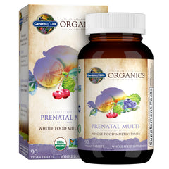 Garden of Life Organics Prenatal bottle close-up may support energy metabolism during pregnancy.