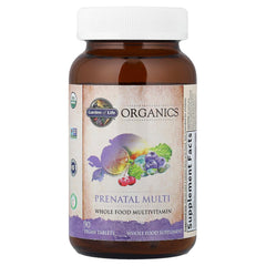 Garden of Life Organics Prenatal label front highlights organic, vegan nutrition.