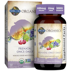 Garden of Life Organics Prenatal Once Daily tablet shown for daily prenatal support.