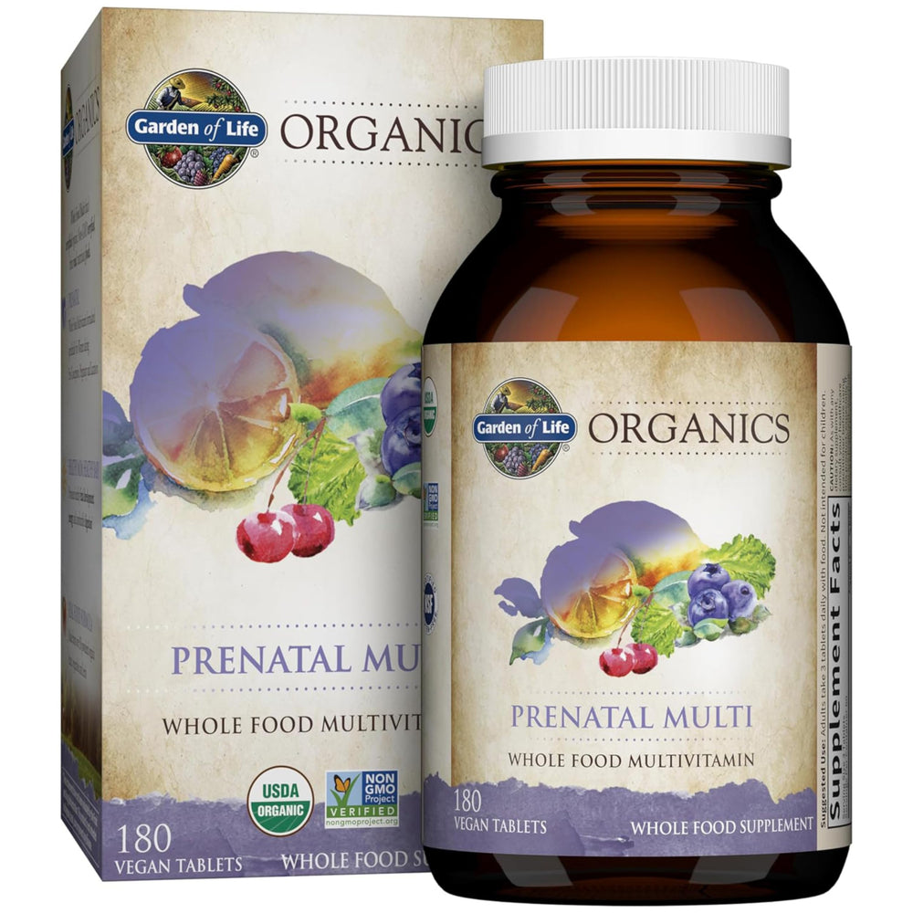 Garden of Life Organics Prenatal tablets close-up showing three-tablet serving for daily prenatal nutrition.