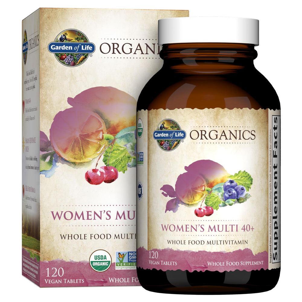 Garden of Life Organics Women 40+ bottle front view boosts daily wellness.