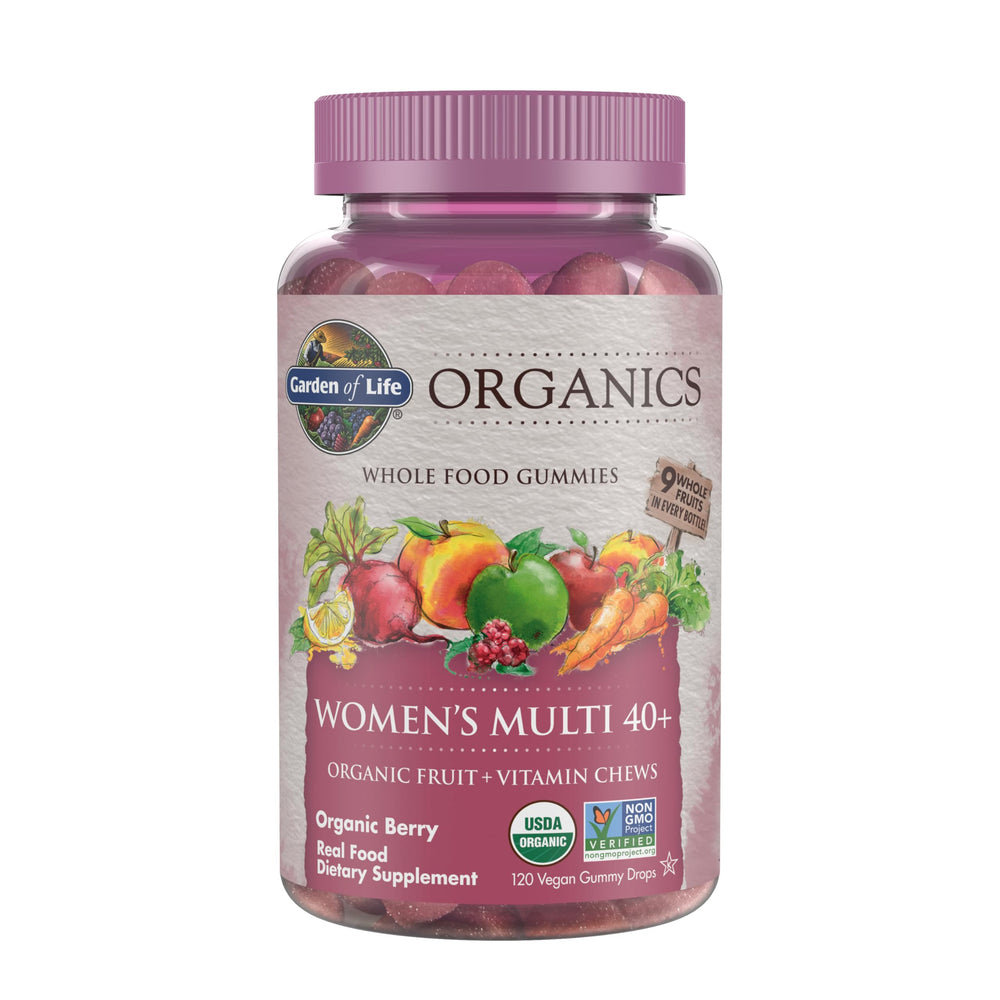 Garden of Life Organics Women 40+ gummies in a berry bottle, showing daily support.