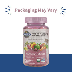 Closeup of Garden of Life Organics Women’s Multi Gummies showing chewy berry texture