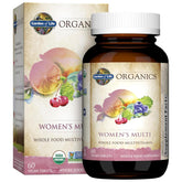 Garden of Life Organics Women's Multivitamin bottle label close-up for daily energy support