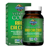 Garden of Life Raw Calcium bottle label highlighting algae-based calcium and co-factors for bone health.