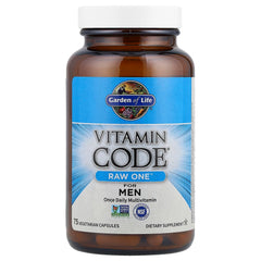 Label detail shows probiotics and minerals in Garden of Life RAW ONE for Men