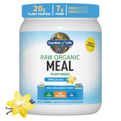 Garden of Life Raw Organic Meal vanilla powder canister highlighting protein-packed meal replacement