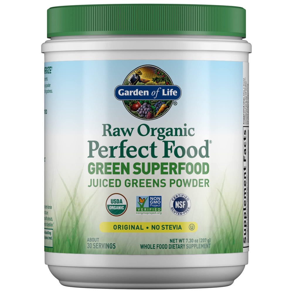 Garden of Life Raw Organic Perfect Food Green Powder bottle showing vibrant greens for daily energy and nutrition.