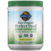 Garden of Life Raw Organic Perfect Food Green Powder bottle showing vibrant greens for daily energy and nutrition.