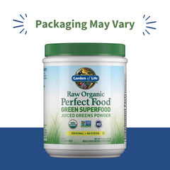 Garden of Life Perfect Food powder scoop ready for quick smoothies for a healthy boost.