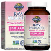 Garden of Life Raw Probiotics Women 50 & Wiser bottle shows 85 billion cultures aiding gut balance.