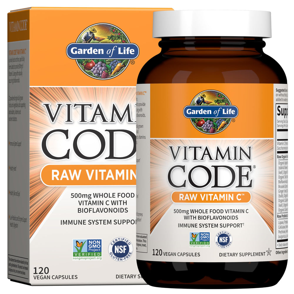 Garden of Life Raw Vitamin C bottle with 500mg capsules for daily immune support