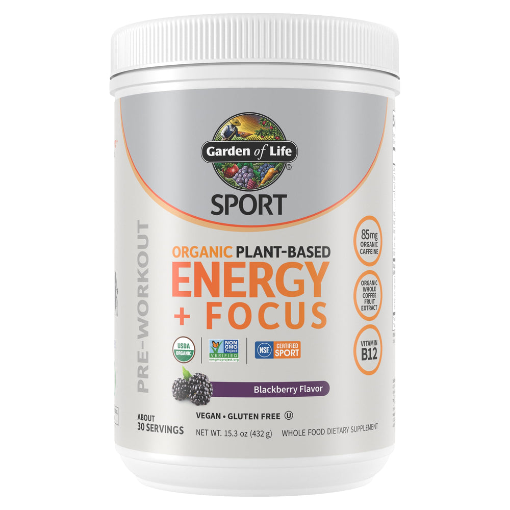 Garden of Life Energy + Focus berry powder in tub for plant-based workout energy