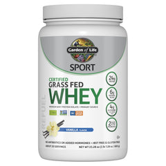 Garden of Life SPORT vanilla bottle showing 24g protein and probiotics for recovery.