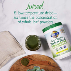 Garden of Life Super Greens label close-up with organic and vegan certifications.