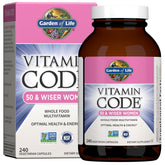 Garden of Life Vitamin Code 50 & Wiser Women bottle shows daily vitamins for bone and heart support.
