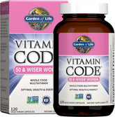 Garden of Life Vitamin Code 50 & Wiser Women bottle with capsules supports daily wellness.
