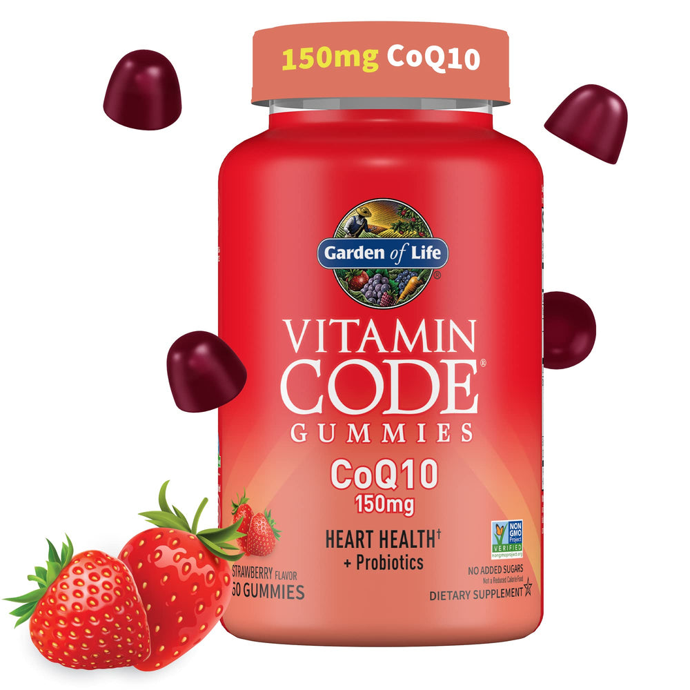 Garden of Life Vitamin Code CoQ10 Gummies strawberry bottle highlights heart health support in a tasty form.